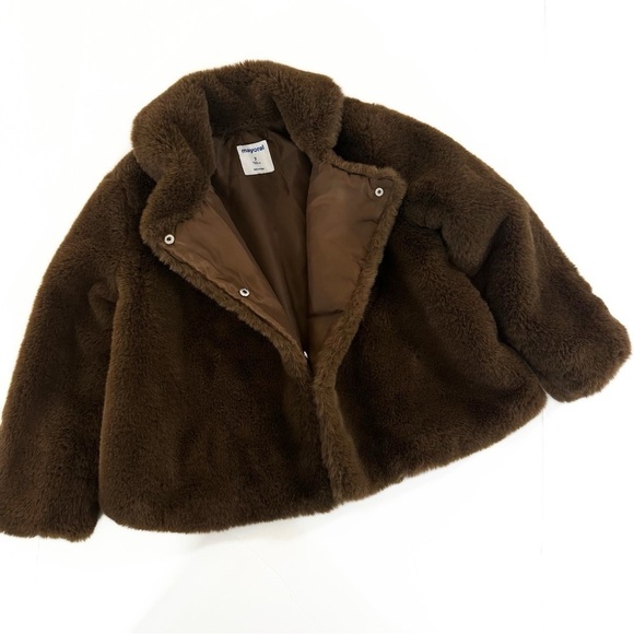 Mayoral Girls Faux Fur Coat Size 7 Brown Teddy Bear Holiday Designer Dress Coat